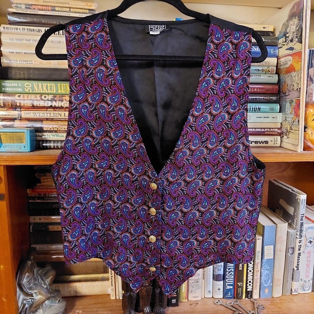 Vintage 80's purple, black, and blue paisley lightweight vest.